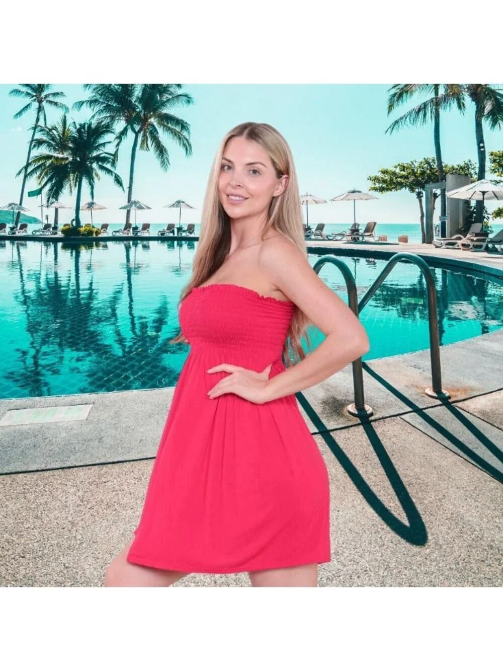 Women's Cerise Sun Strapless Tube Short Beach Summer Dresses Casual Mini Dress